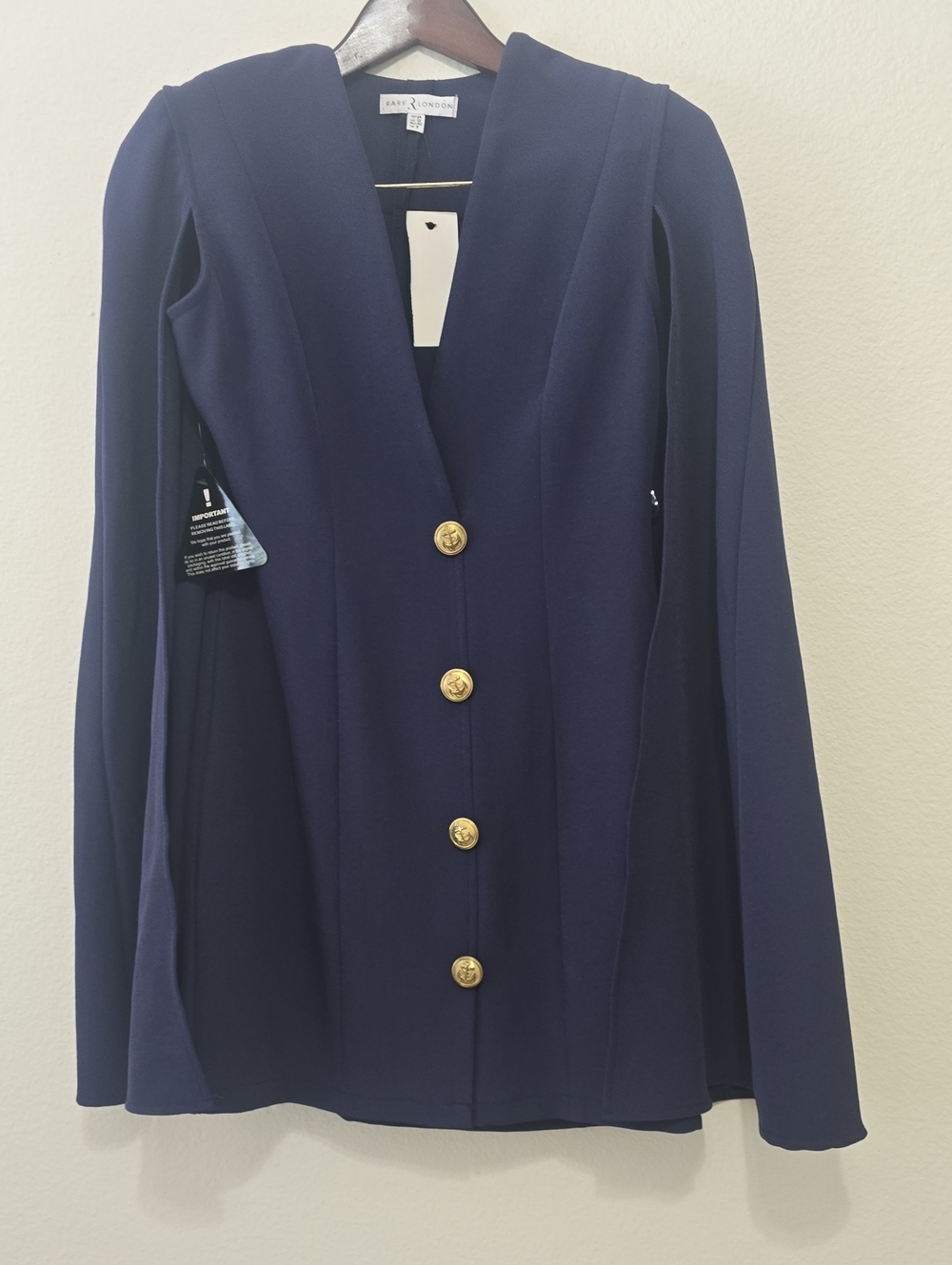 Rare London Navy Cape-Style Mini Dress with Gold Buttons 8